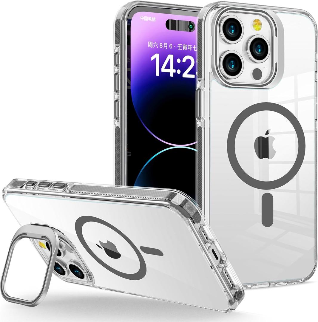 for iPhone 14 Pro Case Clear with Kickstand and Screen Protector - Wireless Charging Compatible,21ft Military-Grade Drop Tested Shockproof Slim Fit Magnetic Crystal Cover - Grey