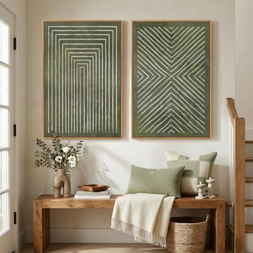 Large Framed Green Abstract Wall Art, 2 Piece Modern Canvas Prints Paintings, Minimalist Sage Green Geometric Pictures for Living Room Dining Room Bedroom Office Hallway Lounge Wall Decor 24x36 In