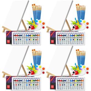Acrylic Paint Set 100 Pcs Acrylic Painting Kit with 4 * 12 Colors Paint,4 Sets Easel for Painting,Canvas,Palettes&40 Brushes,Sip and Paint Kit for Adults Couples,Kids,Artists and Beginner