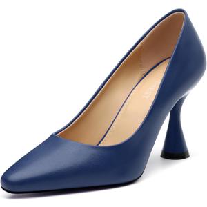 SHOWFOREST Women's Pumps High Heel Square Toe Slip on Work Heels for Women Business Office Party Dress Pumps Shoes with 3.5 Inch Chunky Heel (6, Navy Blue Pu)