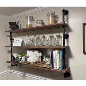 Floating Shelves,Wall Mounted Rustic Wood Shelf,Pipe Shelves,Industrial Pipe Shelving with Real Wood Planks 48 inch Industrial Wall Shelves Hanging Bookshelf Farmhouse Kitchen Bar Shelving (Brown)