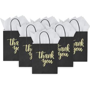 DjinnGlory 50 Pack Medium Sized Black Thank You Paper Bags with Handles 10x8x4 Inches and White Tissue Paper for Small Busines Wedding Baby Shower Graduation Party Favors Treats Goodies