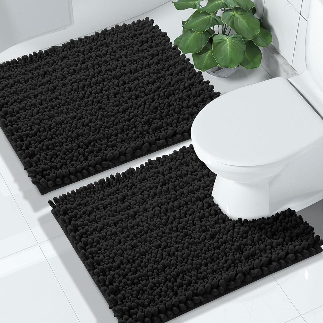 Yimobra Bathroom Rugs Sets 2 Piece - Quick Dry Extra Thick Luxury Chenille Bath Mat, Non Slip Super Absorbent for Tub Shower Sink, Machine Washable Shaggy Floor Mat, 24"x17+24"x20" Inch, Black
