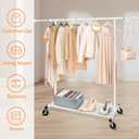 Fishat 63" H Heavy Duty Simple White Rolling Clothing Garment Rack, Metal Hanging Clothes Organizer with Lockable Wheels, Bottom Shelves for Shoes Organization, Dorm Bedroom Home Balcony, with 2 Hook