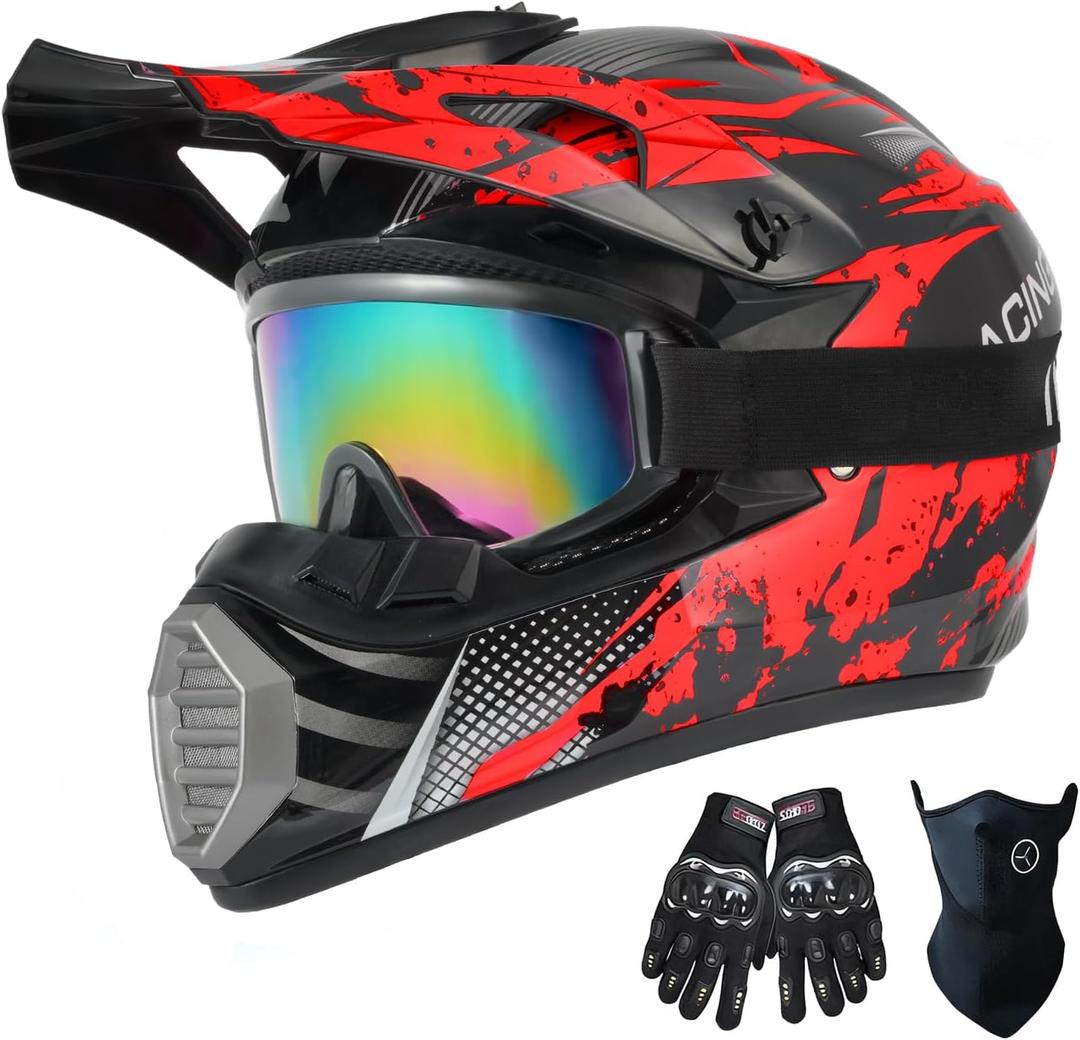 Youth Kids Dirt Bike Helmet Motocross ATV Dirtbike BMX MX Go-Kart 4-Wheeler Quad Offroad Motorcycle Helmet Goggles Gloves Mask DOT Certified, Red Camo, Large