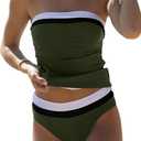 Beachsissi Women's Bandeau Swimsuits Strapless Tummy Control Color Block Tankini Sets (Large, Dark Green)