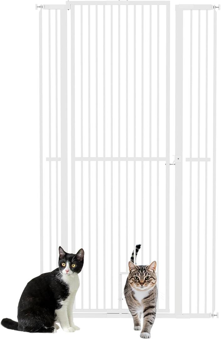 PawHut 67" Extra Tall Pet Gate for Cats, 30"-41" Cat Gate with Small Cat Door, 1.4" Narrow Gap, 2.8" and 5.5" Extension, Pressure Mounted No Drilling Dog Gate for Doorway, Hallway, Stairway, White