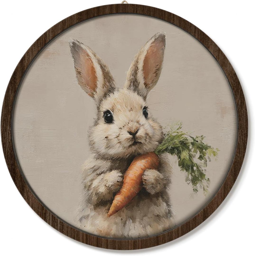 VONTP Easter Bunny Vintage Round Wall Art, Spring Easter Decorations, Bunny Gifts for Kids, Cottagecore Rabbit Wall Art Decor for Home Bedroom Farmhouse Living Room, 10x10 Inch