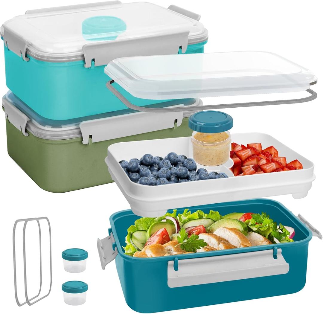 3 Pack Salad Lunch Box Food Storage Containers, 47oz Bento Box To Go Container with Lids, Meal Prep Containers with Removable Tray & Dressing Pots for Kids and Adults, Reusable and Microwave Safe (Navy & Dark Green & Light Blue)