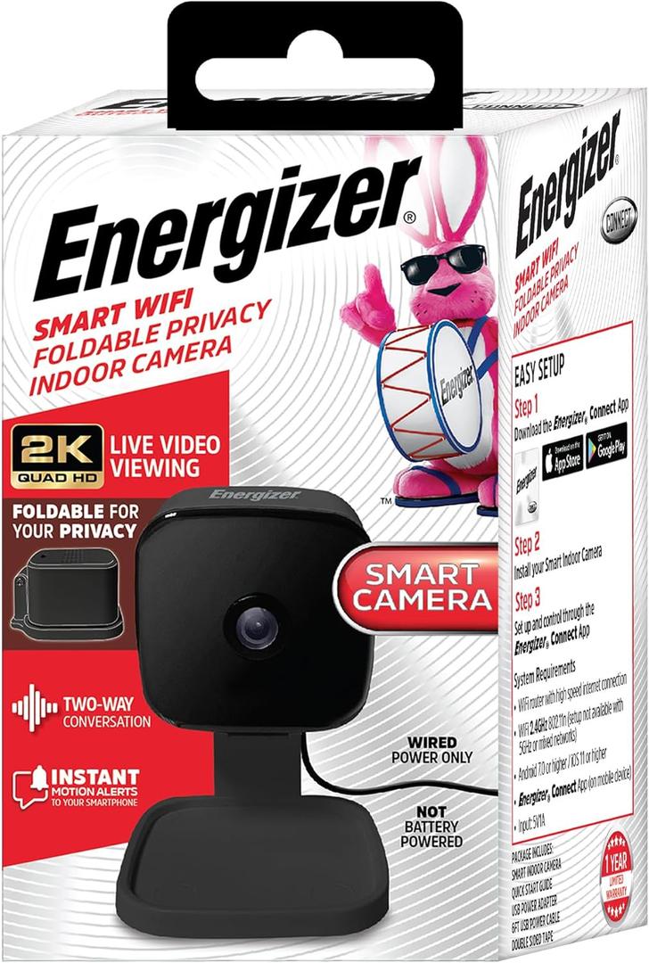 Energizer Smart 2K QHD Security Camera, Wired Indoor 2.4Ghz Wi-Fi Camera, 2-Way Audio, Night Vision, Motion Detection & Instant Alerts, App Control, Cloud & Micro SD Storage, Foldable for Privacy (Black)