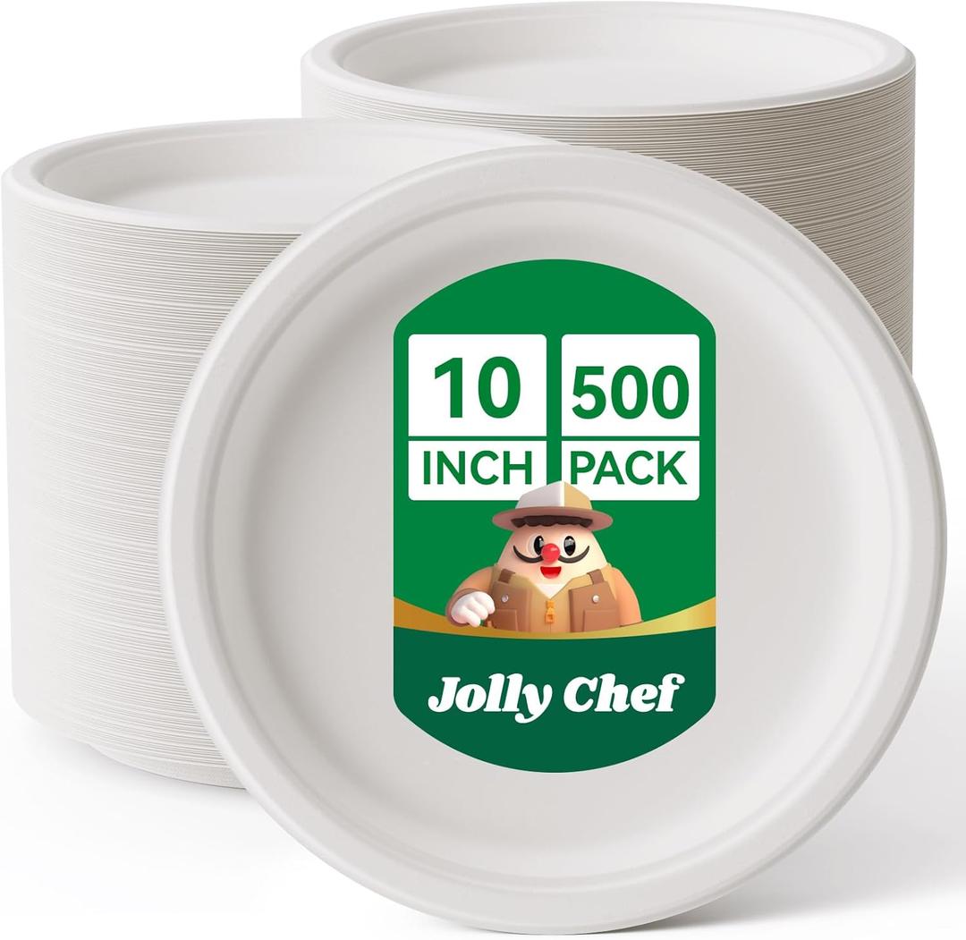 JOLLY CHEF Compostable Heavy Duty Plates   [ ] Eco-Friendly Disposable White Paper Plates Made of Bagasse Biodegradable Bulk for Party Dinner Sugarcane Thanksgiving Day (500 Count (Pack of 1))