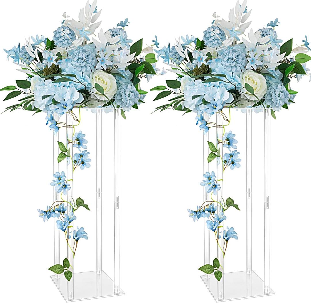 LANLONG 2 Pcs Acrylic Vase Wedding Centrepieces, 23.6in Clear Column Flower Stand Rectangular Display Rack, Cylinder Pedestal Stands for Parties Wedding