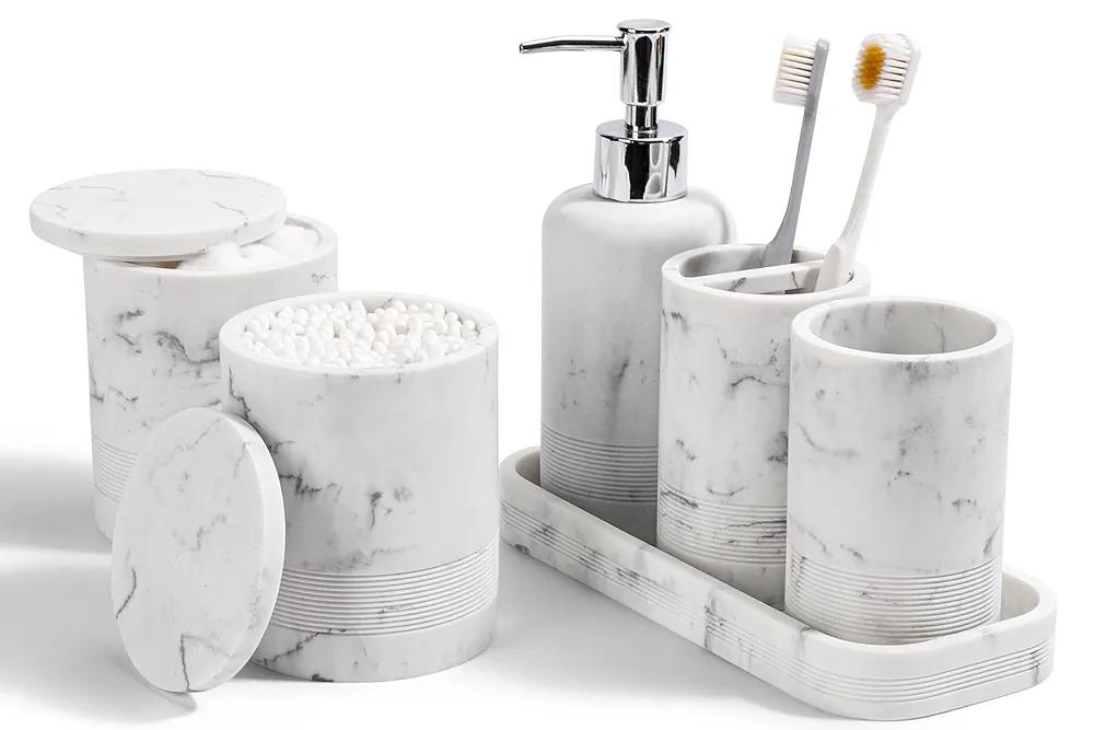 ZCCZ Beige Bathroom Accessories Set 6 Pieces - Toothbrush Holder, Lotion Dispenser, Qtip Container, Vanity Tray, Tumbler - Countertop Organizer for Bathrooms - Elegant and Functional Décor Set