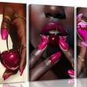 OCRXLYTH 3Pcs Black Girl Cherry Canvas Wall Art Prints African American Black Woman Wall Decor Fashion Pink Nail Pictures Cherry Painting for Living Room Bedroom Home Decoration 16x24in