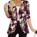 Yincro Plus Size Women's 3/ 4 Sleeve Cardigan Casual Lightweight Soft Open Front Cardigans (Flower Wine Red, 3XL)