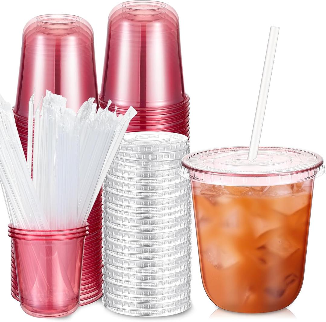 Ziliny 50 Sets Clear Plastic Cups with Lids and Straws, Disposable Iced Coffee Cups Drinking PET for Cold Drinks, Juice, Smoothie, Coffee Shops, Party, Christmas (12 oz,Pink)