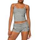Women Fashion Striped 2 Piece Lounge Set Camisole Crop Top and Fold Over Shorts Pajama Sets Streetwear (Small, Black)