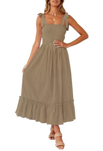 ZESICA Women's 2026 Summer Boho Spaghetti Strap Square Neck Solid Color Ruffle A Line Beach Long Maxi Dress,Khaki,X-Small