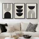 Framed Boho Black and White Abstract Wall Art, 3 Piece Modern Beige Canvas Prints Paintings Artwork for Walls, Black Geometric Pictures for Living Room Bedroom Hallway Office Wall Decor 16x24 In
