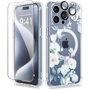 GVIEWIN Magnetic for iPhone 15 Pro Max Case with Screen Protector + Camera Protector, [Compatible with MagSafe] [10FT Drop Protection] Clear Floral Phone Cover Women for 15 ProMax (Hibiscus)