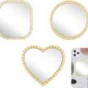 Lusofie 3Pcs Phone Mirror Stick on, Bling Rhinestone Phone Case Mirror with Gold Zinc Alloy Frame, Heart/Circle/Square Slim Pasteable Mini Makeup Mirrors for All Phones Case Decoration