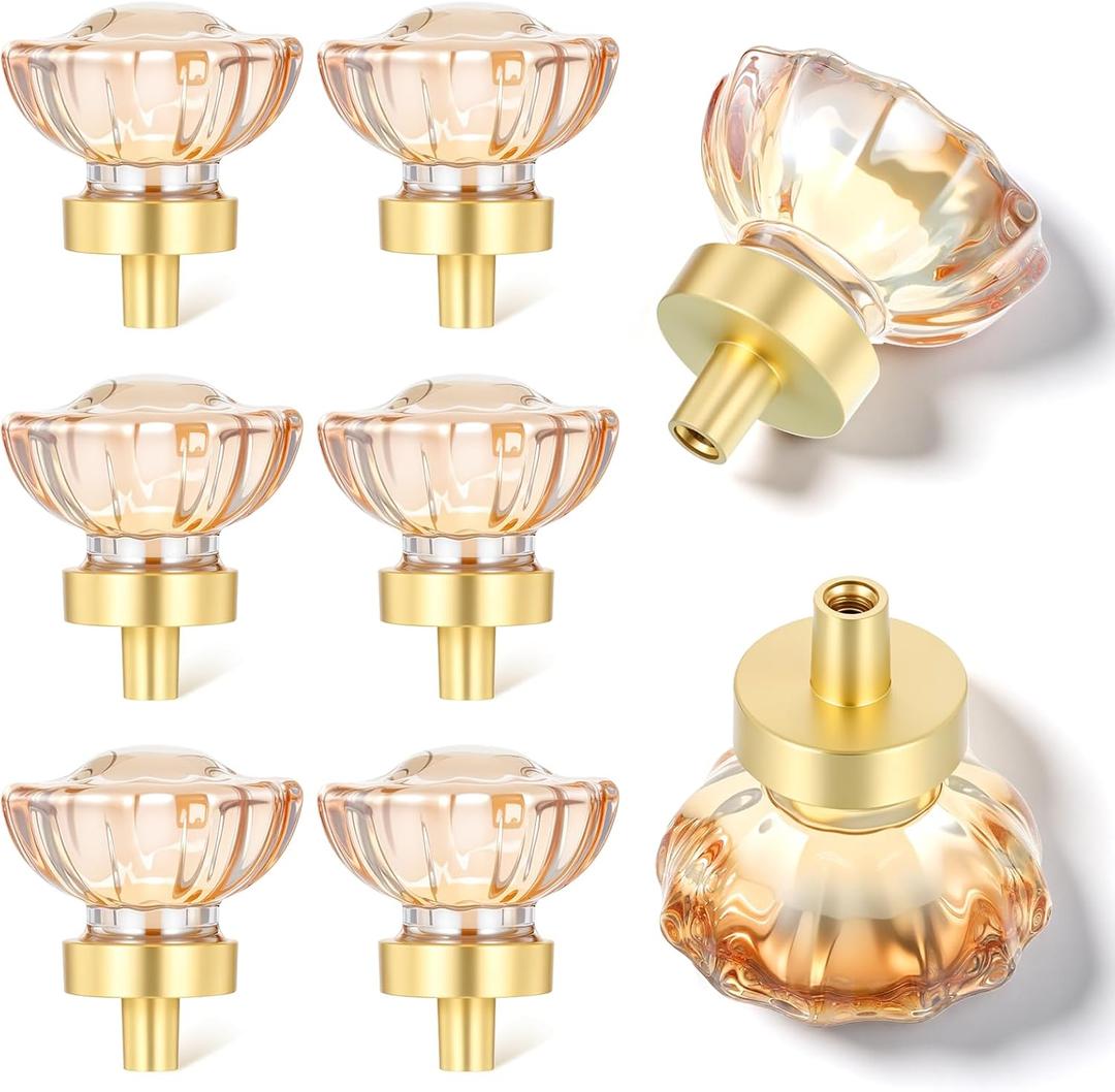 6 Pack Crystal Cabinet Knobs Drawer Knobs, 1.4" Diameter Glass Handles, Flower Vintage Glass Clear Crystal Small Pull, for Kitchens, Closet, Dresser Drawers, Cupboard, Wardrobe, Champagne