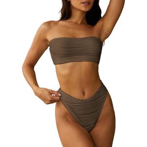 ZAFUL Women Strapless Textured Bandeau Bikini 2 Piece Swimwear Cheeky Solid Lace up Bathing Suits M