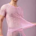 ABAFIP Men's Short Sleeve Fishnet Shirt Mesh Sheer Tank Top Muscle T-Shirt Undershirt Rave Clubwear (X-Large, Pink)
