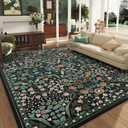 8x10 Green Floral Washable Area Rug for Living Room, Non-Slip Soft Vintage Boho Carpet, Botanical Forest Green Low Pile Rugs for Bedroom, Dinning Room, Dorm, Nursery, Black and Green