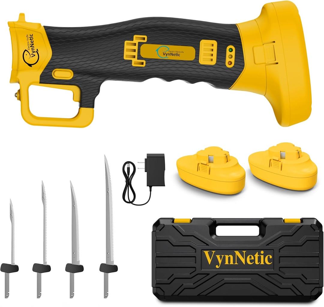 Cordless Electric Fillet Knife, Rechargeable Yellow Fillet knife with 4 Ti-Nitride S.S. Coated Non-Stick Blades, Cooling Hole Non-Slip Grip Handle & 2 Batteries, Charger and Case for Fishing