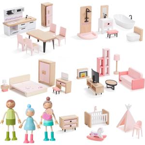Giant bean 36pcs Wooden Dollhouse Furniture Set with Dolls for 5 Rooms, Wood & Plastic Pink Dollhouse Accessories Pretend Play Furniture Toy Christmas Birthday Gift Toy for Kids Boys Girls Toddler 3+
