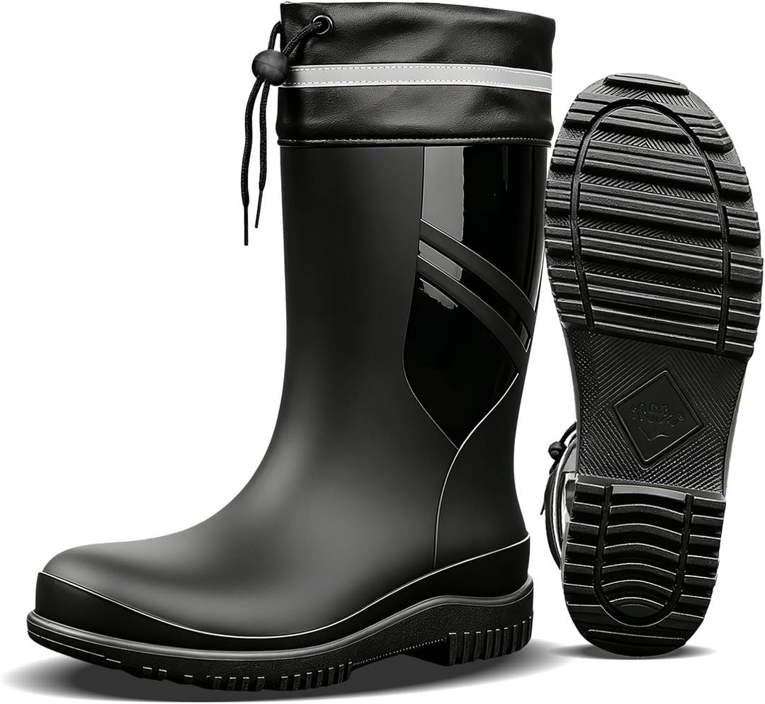 Rain Boots for Men Garden Boots Waterproof Mens Rubber Shoes with PVC Comfort Lightweight Work Mud Boots Resistant Durable Slip for Fishing Farming Gardening,  Black, 10.5