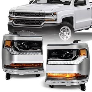VLINCAR Headlight Assembly (Hid Xenon Model) Compatible with Chevy Silverado 1500 2016 2017 2018/ Silverado 1500 2019 LD Projector Head Light Lamp Chrome Housing Driver & Passenger Side Pair