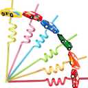 24 Race Car Party Favors Reusable Drinking Straws for Kids Boys Racecar Wheels Birthday Decorations Two Fast Party Supplies with 2 PCS Cleaning Brushes