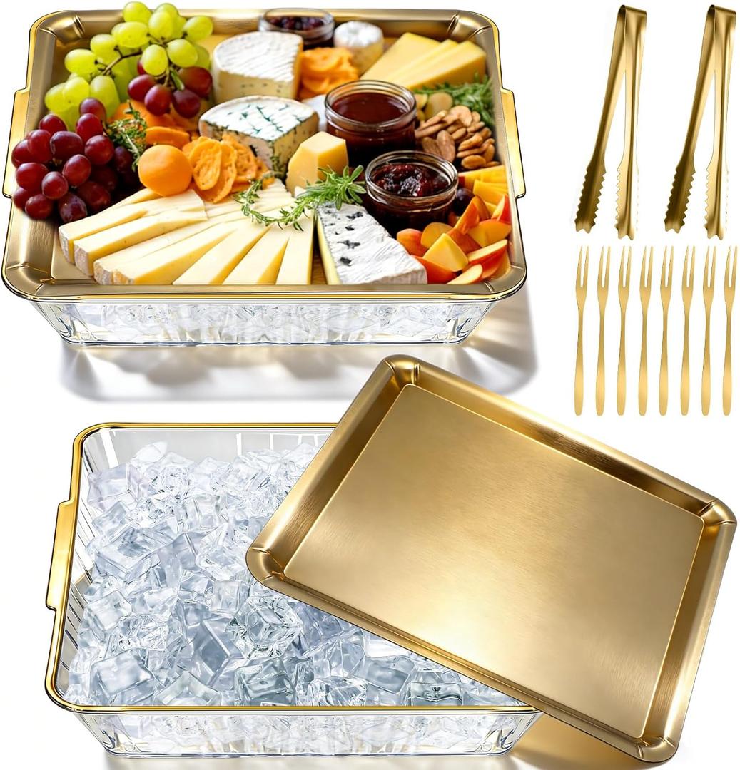 Baderke 2 Sets 11.81" Chilled Serving Tray for Christmas Parties Ice Chilled Party Platter Charcuterie Serving Board Cold Dish Dip with Forks Tongs for Fruit Seafood Vegetable Appetizer (Gold)
