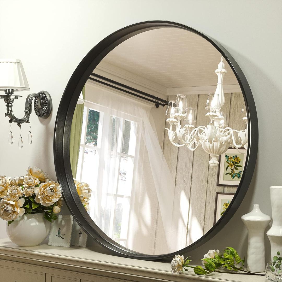 TETOTE Black Round Mirror, 36 Inch Matte Metal Framed Circle Bathroom Mirrors, Wall Mounted Modern Decorative Farmhouse Mirror for Vanity Entryway