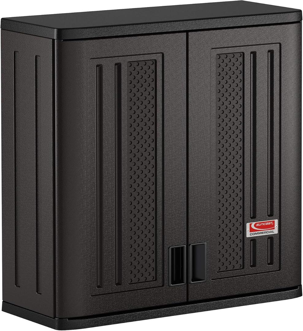 Suncast Commercial 4 Cubic Ft. Heavy-Duty Resin Wall Cabinet with Adjustable Metal-Reinforced Shelf, and Lockable Handles for Indoor and Outdoor Storage, Black, Made in the USA Suncast Commercial 4 Cubic Ft. Heavy-Duty Resin Wall Cabinet with Adjustable Metal-Reinforced Shelf, and Lockable Handles for Indoor and Outdoor Storage, Black, Made in the USA