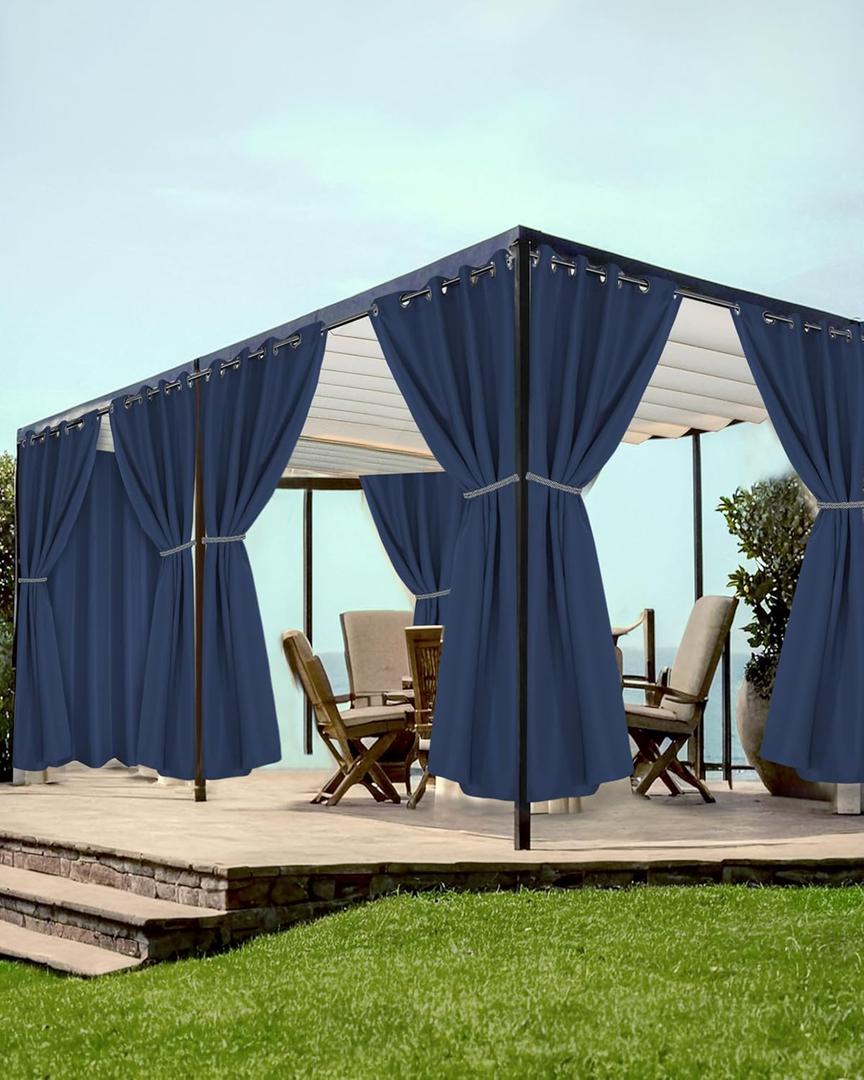 HolidayIdeas Grommet Outdoor Curtains for Patio Waterproof 8 Pcs All Weather Balcony Outside Curtains for Apartments, Gazebo, Pergolas, Porch, 54x84 Inch, Navy