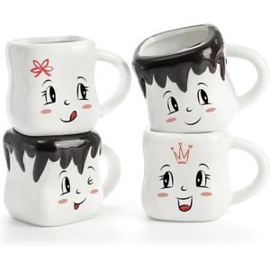 Youeon Marshmallow Mugs with Handle Set of 4, 7 Oz Cute Ceramic Hot Cocoa Chocolate Mugs, Adorable Coffee Matching Mug Set for Winter, Christmas, Gift & Home Decor