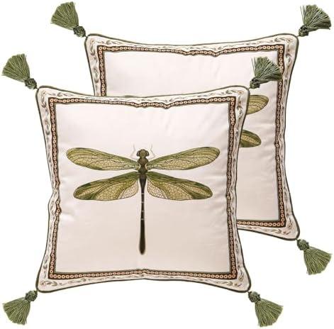 Design Square Vintage Cottage Throw Pillow Covers 18"x18" Set of 2, Green Velvet Cushion Cover with Dragonfly Flowers Border Pattern Decor Pillowcases for Bed, Living  Room, Outdoor, Car