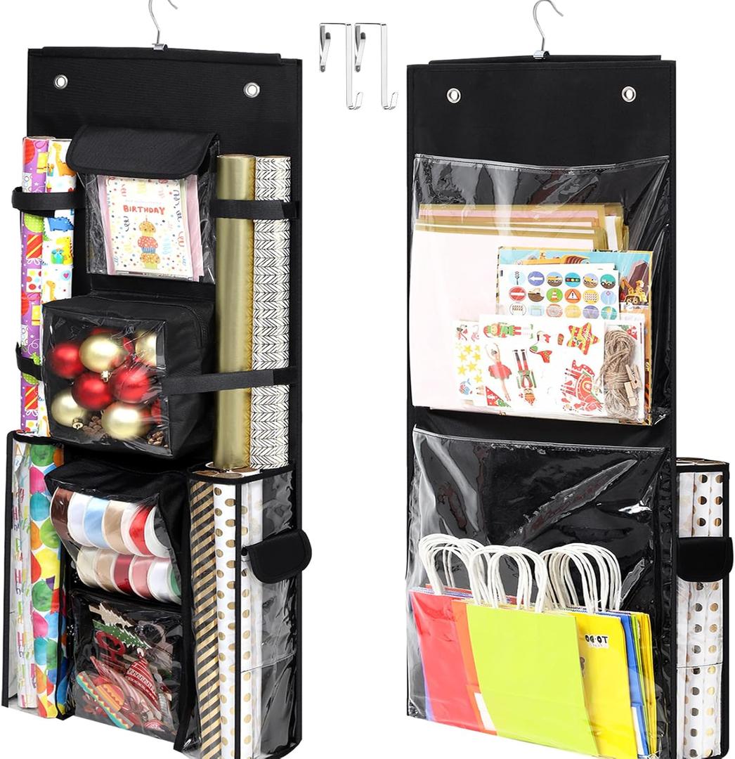 Hanging Gift Wrapping Paper Storage, 40x16 inch Double-Sided Gift Wrap Organizer Christmas Wrapper Paper Container, Craft Roll Organizer Behind The Door Storage Heavy Duty Oxford Gift Bag Holder (Black)