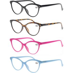 MODFANS Women Reading Glasses 3.0 4 Pack Fashion Colors Cat Eye Readers for Ladies Compact Spring Hinge Lightweight Frame Includes Pocket