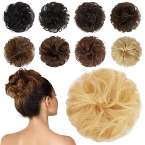 FESHFEN Human Messy Buns - 100% Human Hair Bun Real Scrunchies Hair Pieces Ponytail Extensions Wavy Tousled Updo Chignon Hairpieces for Women, Mixed Blonde