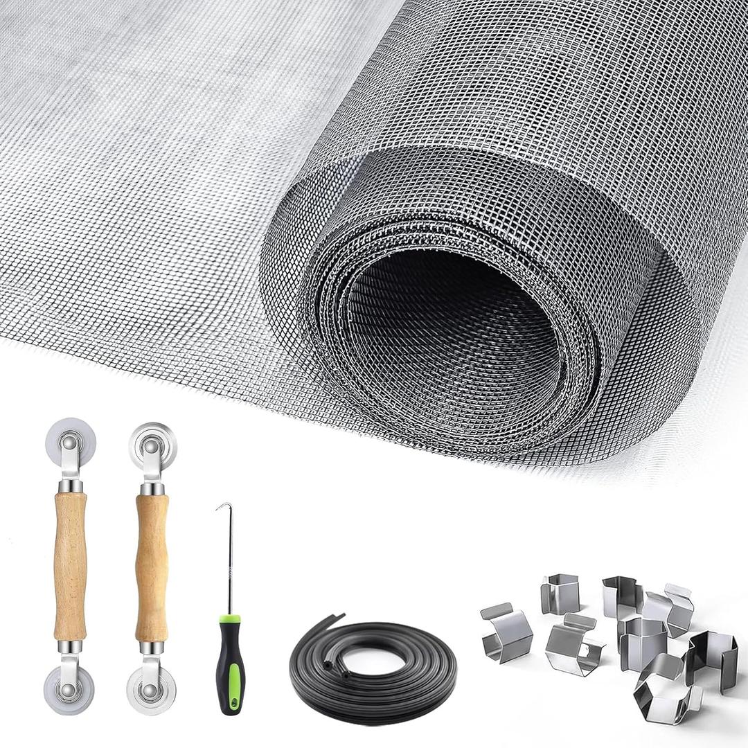 Window Screen Door Repair/Replacement Kit, King&Charles Include Gray Screen Mesh 59"x106"+ 2 Roller+50Ft Spline+8Clips+Hook, 6 in 1 Window Mesh Kit, Steel/Nylon Bearing Roller