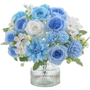 4 Pcs Mixed Artificial Flowers Set, Small Artificial Peony Bouquet Fake Rose Flower Silk Floral Arrangements for Table Centerpiece Home Wedding Party Bridal Decoration(Blue, 2 Bouquets & 2 Stems)