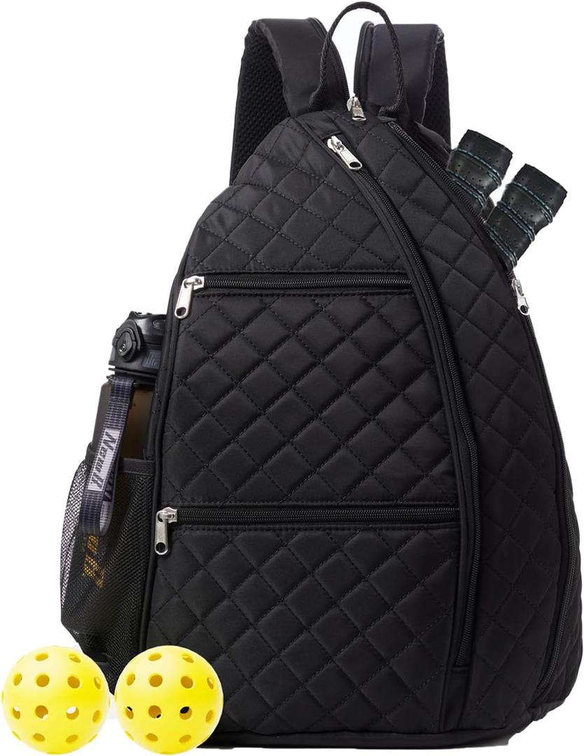 Pickleball Bag for Women Pickelball Backpack Large Quilted Sling Bags, Holds Pickleball Paddles Tennis Racket (Black)