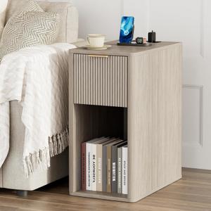 Homleke Narrow End Table with Fluted Drawer & Charging Station | Compact Nightstand with USB Ports & Outlets, Bedside Table for Bedroom, Living Room, Modern Accent Table, Light Gray Oak
