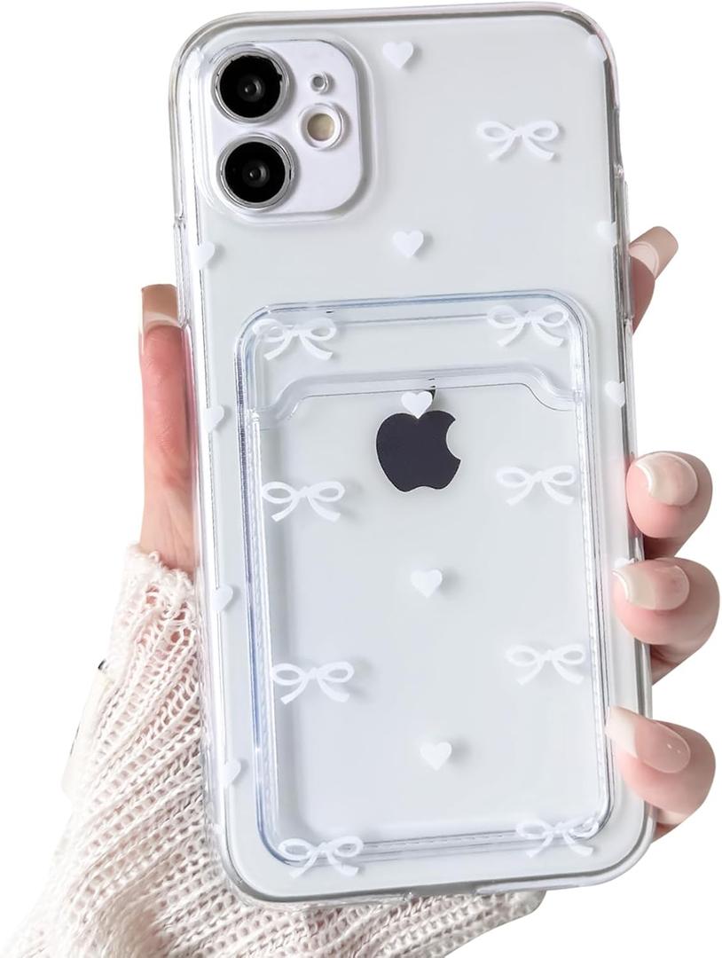 NITITOP Compatible with iPhone 12 Case Clear with Card Holder Cute Bow Knot Love Heart Design for Women Girls Soft TPU Shockproof Wallet Case Protective Phone Cover - White