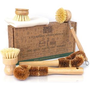 Jungle Culture 6 Pack Bamboo Dish Brush Set for Washing Up  Natural Wooden Dish Brushes for Pans & Dishes  Eco Friendly Dish Scrubber for Bottles, Pots & Vegetables  Non Toxic & Plastic Free