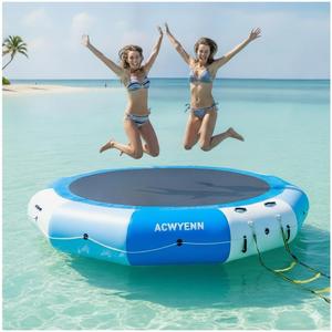 10/12/15FT Inflatable Water Trampoline for Lake, Floating Water Trampoline with Rope Ladder and Mooring Ropes Without Pump Blue (10FT Blue-White)